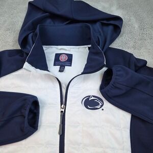 Penn State Quilted Puffer Jacket Womens L Hybrid Hooded PSU Nittany Lions Bl/Wh
